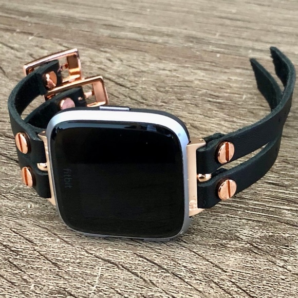 Black Leather Fitbit Versa Lite Double Strap Band